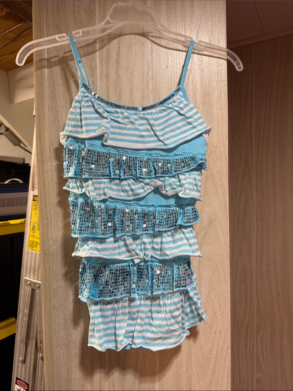 Justice Blue & White Striped Ruffle Sequin Tank